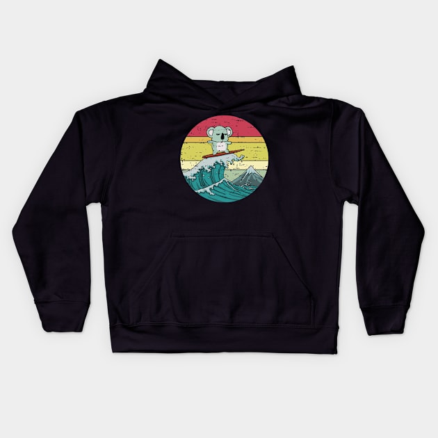 Funny Cute Surfing Koala Retro Sunset Great Wave Distressed Vintage Rainbow Colors Kids Hoodie by ebayson74@gmail.com